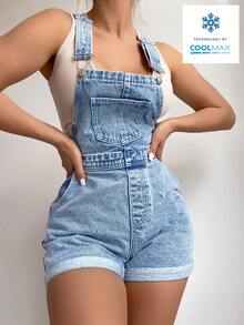Flexra Jumpsuit Denim Kasual Wanita dengan Saku dan Hem yang Dapat Digulung, Musim Panas - Light Wash - View 3