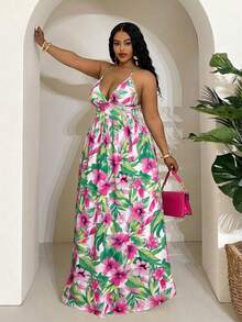 Veslaya 新款春夏日常休闲度假海滩旅行热带花卉修身A字无袖大码女装连衣裙 - 彩色 - 查看 5