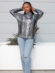 Steph T 女士时尚高领插肩袖银箔毛衣，秋冬 - 銀色 - 查看 3