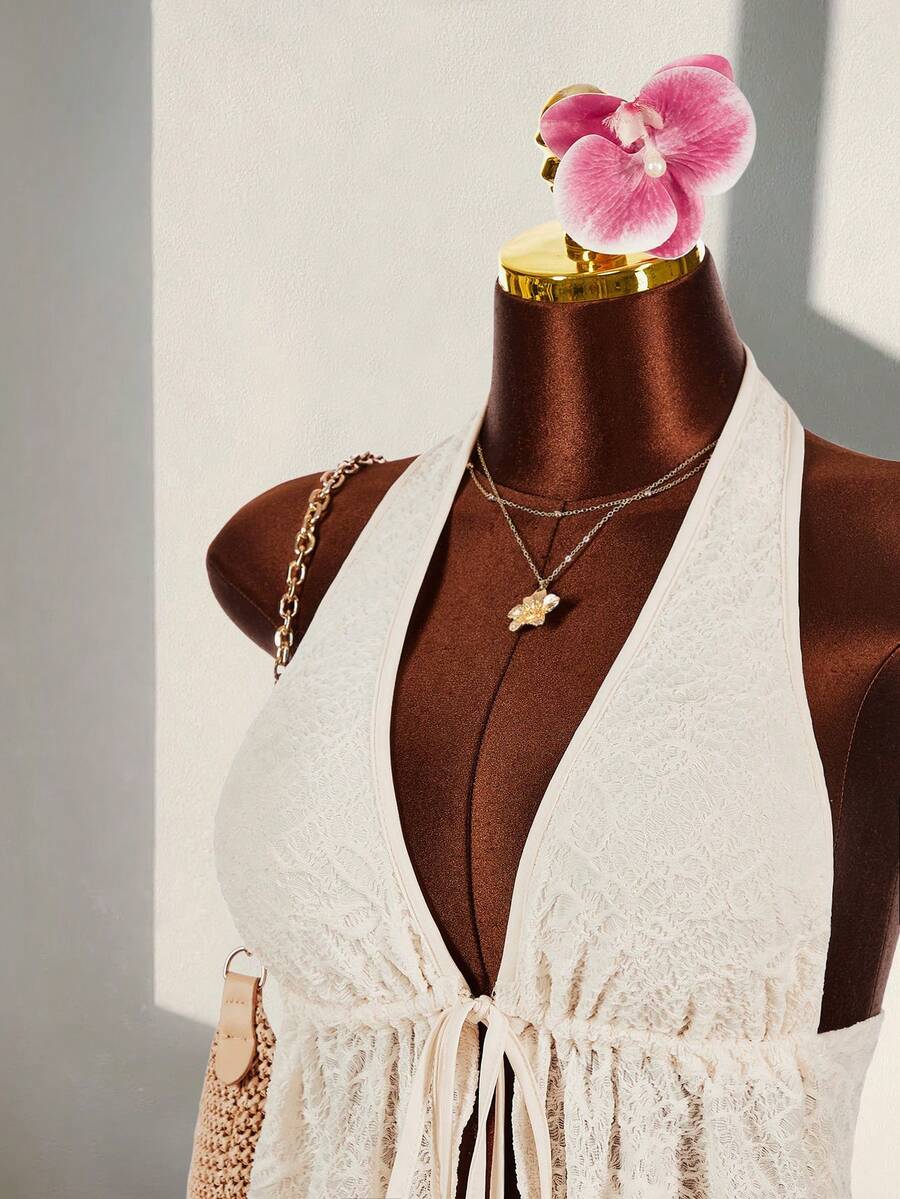 Amplova Deep V-Neck Halter Tie-Up Super Low Waist Striped Mini Shorts 2 Pieces Set - White - View 1