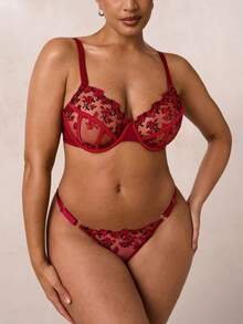 SHEIN BAE Bộ đồ lót và áo ngực gợi cảm màu đỏ anh đào cỡ lớn 2 chiếc, nâng ngực - Màu Đỏ Sâu - Xem 6