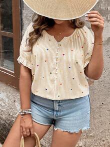 SHEIN Clasi 大码女式休闲法式条纹爱心印花短袖衬衫，夏季 - 黃色 - 查看 4