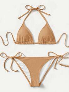 SHEIN Swim 女士纯色挂脖系带性感比基尼泳装套装，夏季沙滩 - 香檳色 - 查看 1