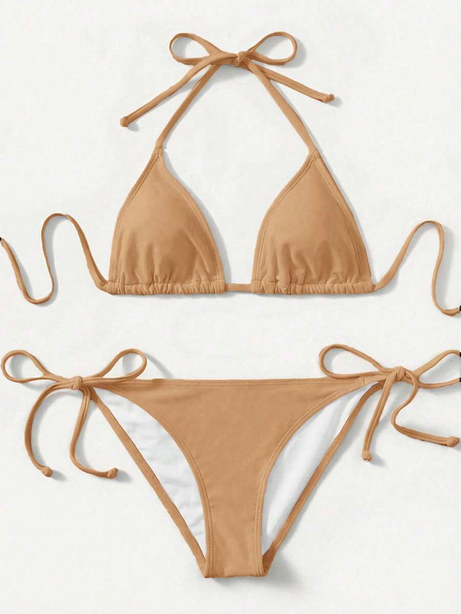 SHEIN Swim 女士纯色挂脖系带性感比基尼泳装套装,夏季沙滩 - 香檳色 - 查看 1