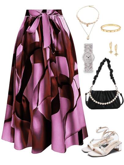 Franclia Gonna lunga con stampa all-over e laccio frontale, casual per uso quotidiano, elegante viola, adatta per donne di taglia comoda, per occasioni come degustazioni di vino o serate a tema Havana