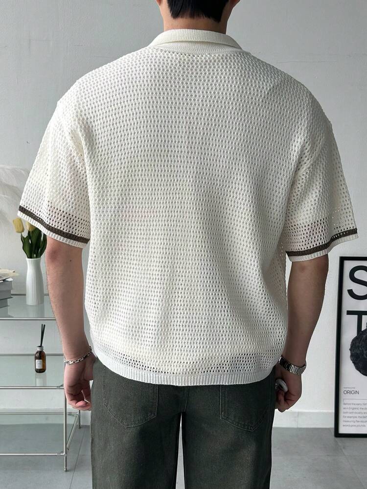 Men's Knitted Sweater With Perforated Design, Contrast Collar, And Embroidered Pattern, Summer