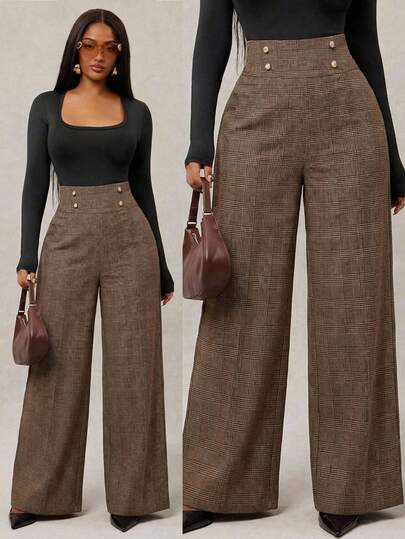 Radiana Women's Fashionable Elegant Vintage Brown Houndstooth High-Waisted Suit Pants, Retro Plaid Trousers, Casual Wide-Leg Pants, Versatile Bottoms Suitable For Daily Wear, Commuting, Office, Gatherings,Spring To Summer,