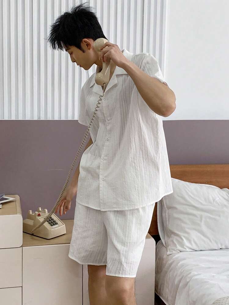 Men's White Short Sleeve Top And Shorts Pajama Set, Summer