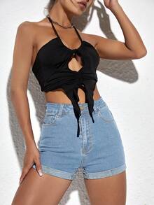 SHEIN ICON 女士夏季休闲时尚街头风日常通勤简约百搭卷边修身牛仔短裤 - 淺色水洗藍 - 查看 5