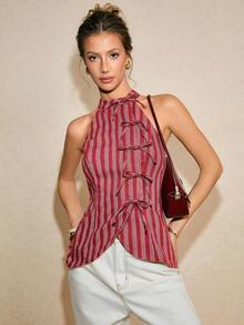 Poéselle Áo kiểu nữ dáng ôm cổ yếm, họa tiết kẻ sọc, trang trí nơ, thích hợp mặc đi làm và đi nghỉ mát, mùa hè. - Đỏ - Xem 6