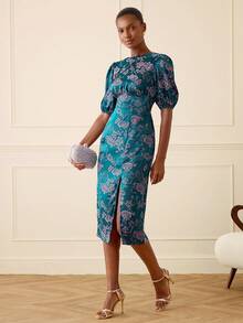 Lilora Women's Elegant Jacquard Round Neck Split Hem Dress - Blue - View 3