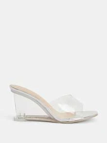 Glitzique 女士夏季新款高跟拖鞋透明厚底拖鞋时尚不对称水晶高跟凉鞋 - 銀色 - 查看 2