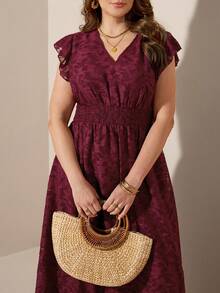 Comfylo فستان حفلة أنيق للمرأة ذات الحجم الكبير مزين بالجاكار والكشكشة على الذيل - عنابي اللون - مشاهدة 2