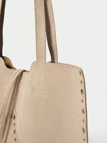 SHECARRY Ladies Large Capacity Suede Rivet Trim Shoulder Tote Bag - Apricot - View 5