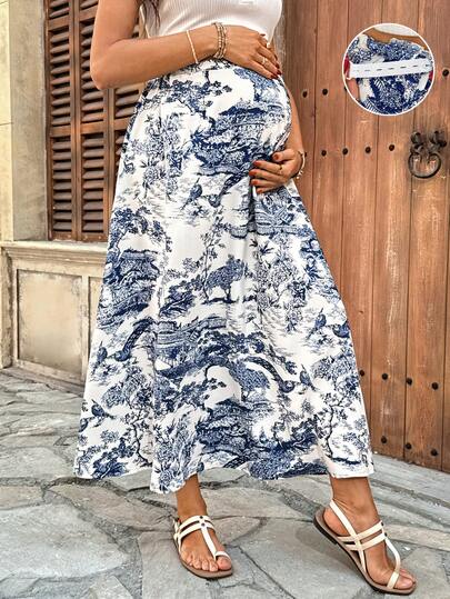 SHEIN Adjustable Vintage Long Casual Maternity Skirt, Summer Maternity Two Piece Set Maxi Skirt Set Vacation Outfits Woman Skirt Set 2 Piece Sets Woman Skirt Maternity Two Piece Sets Casual Maxi Dress Blue And White Print Skirt Vacation Skirt Toile Print Skirt Outfit