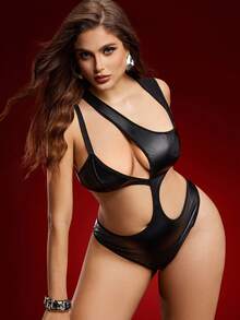 SHEIN Mono con diseño asimétrico de patchwork de PU, lencería de talla grande con encanto en estilo Y2K - Negro - Ver 1