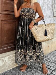 Breezaya Plus Size Women Vacation Plant Print Shirred Ruffle Hem Dress - Black - View 7