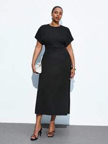 Maija 大码女式黑色束腰简约优雅蝙蝠袖连衣裙，适合办公室、郊游、俱乐部、节日、返校、轻松度假风格 - 黑色 - 查看 4