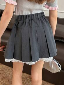 DAZY Tween Girl Preppy Style Bow Decor Contrast Lace Pleated Mini Skirt - Dark Grey - View 7