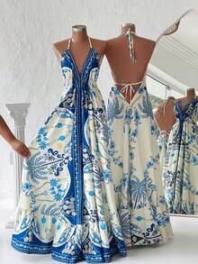 Franclia 女士优雅度假吊带露背系带V领印花连衣裙，适合旅行和海滩，夏季 - 藍色 - 查看 1