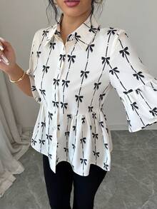 Elenzga Women's Elegant Bowknot Digital Print Ruffle Hem & Cuff Button Down Shirt, Spring/Summer - Apricot - View 4