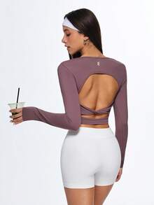 Eassivo Eassivo 女士性感露背长袖运动上衣，打结设计健身T恤 - 咖啡棕 - 查看 3