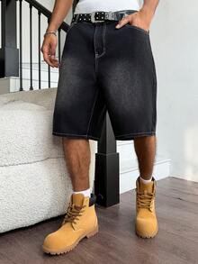 Manfinity Hypemode Unisex American Hip Hop Style Denim Shorts With Pockets - Black - View 7