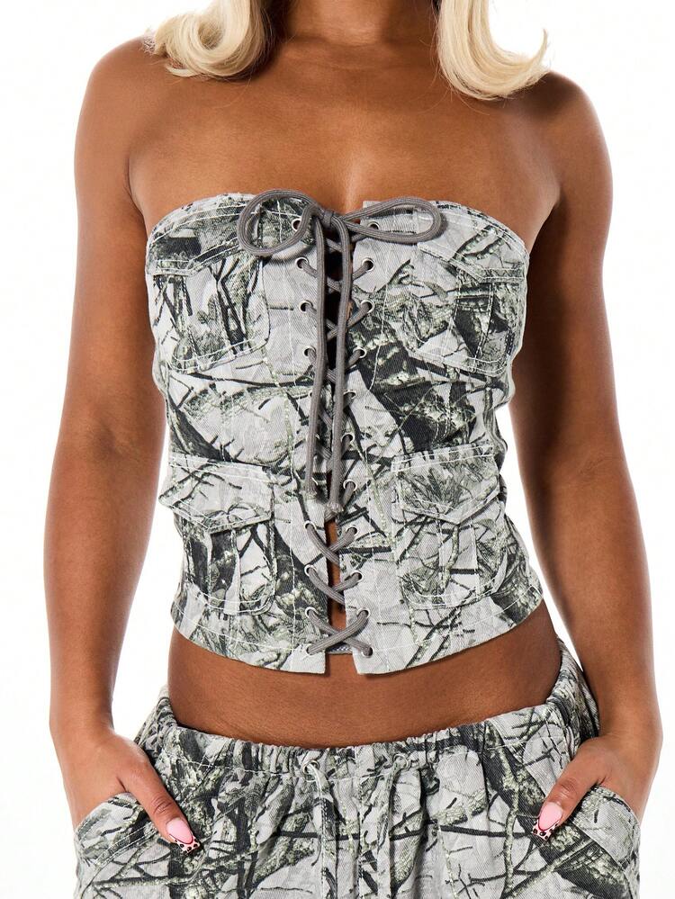 SUMWON WOMEN Forest Camouflage Lace Up Corset Top