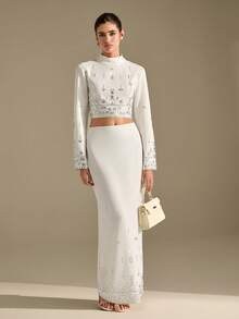 CLARA VERO Women's V-Neck Beaded Puff Sleeve Fitted Blazer - White - View 5