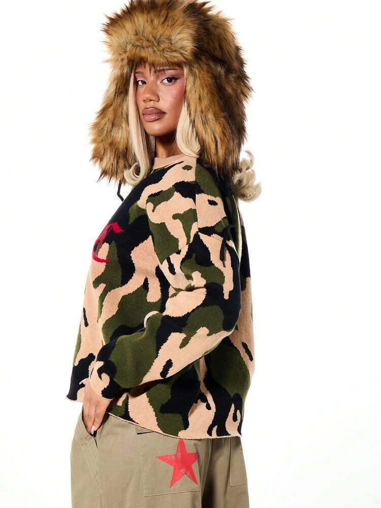 SUMWON WOMEN Oversized Camo Print Crew Neck Sweatshirt