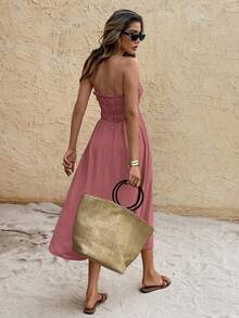 SHEIN Frenchy 女士纯色吊带无袖系腰带口袋中长连衣裙 - 藕粉色 - 查看 2
