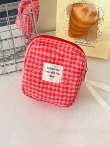 Red Grid Makeup Bag, Portable Quilted Checkered Toiletry Pouch With Large Capacity For Travel - Red - View 9