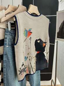 GlowEve CURVE Áo len gile nữ cỡ lớn 2026 thời trang, tối giản, đa năng, cổ tròn, phối màu, in hình mèo con, màu kaki, hoàn hảo cho mặc hàng ngày. - Xám - Xem 2