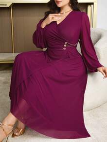 Feyla Plus Size Women's Solid Color V-Neck Maxi Party Dress - Hot Pink - View 6