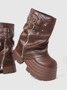 ROMWE Grunge Punk Women's Dark Rock Punk Goth Boots, Pointed Toe Ankle Boots, Wedge Heel Thick Sole Buckle Strap Riding Boots, Ankle Boots And Short Boots - Brown - View 2