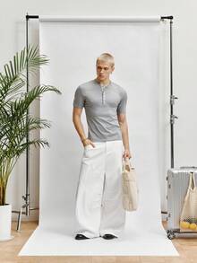 TOKVUE This One Is Nice! ! Men's Form-Fitting Button Half Placket Casual Daily Short Sleeve Henry Shirt,T-Shirt, Versatile Relaxed-Fit Trousers, Old Money Style, Spring To Summer, Summer Tops, Summer Outfits, Holiday Outfits, Vacation Outfits, - Grey - View 1