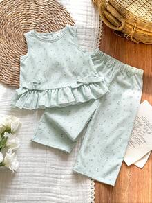 Vintaside Kids 2pcs/Set Baby Girl Casual Cute Bow Sleeveless Top And Pants Set - Green - View 5