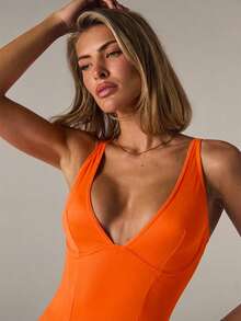 SHEIN BAE Bodysuit Camisole Wanita Warna Polos Sederhana dengan Leher V Dalam dan Kawat Penyangga - Jeruk - View 3