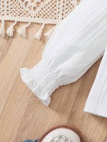 SHEIN 女小童褶邊荷葉袖小高領襯衫 - 白色 - 查看 3