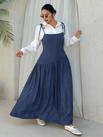 Dazy Plus Vestido casual de tiras con aspecto de mezclilla de unicolor para mujer de talla grande, vestido largo azul, vestido de verano para primavera/verano