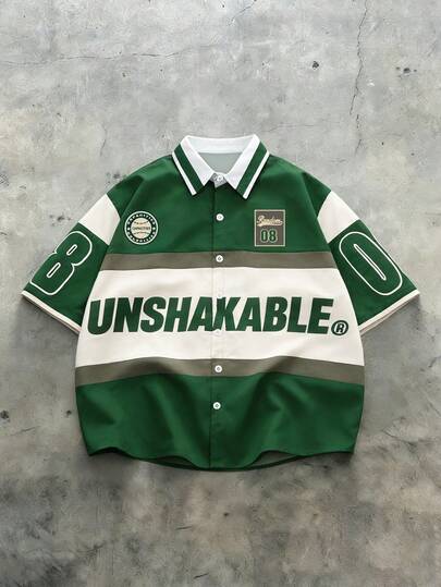 Aesthetic Post Men's Contrast Color Letter Print Front Button Casual Short Sleeve Shirt