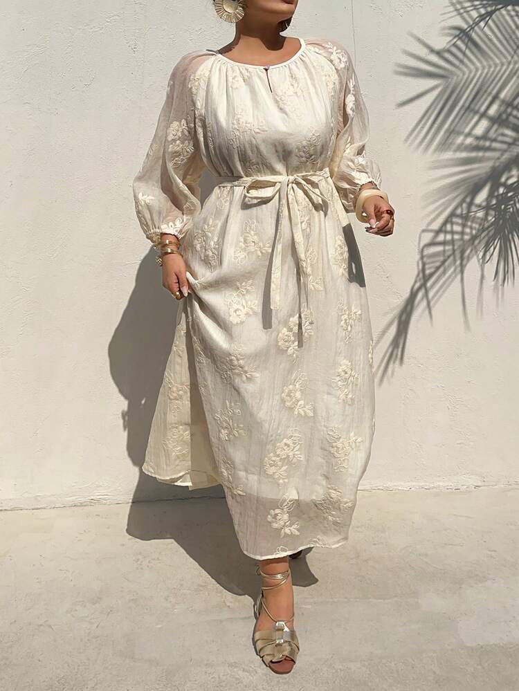 Dazy Plus Plus Size Women Floral Jacquard Round Neck Lantern Sleeve Elegant Dress Maxi Dress Sundress Vacation Outfits Women
