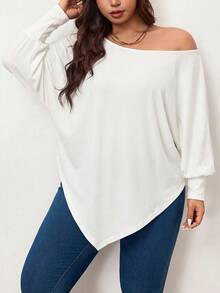 Enliva Áo thun nữ cỡ lớn tay cánh dơi bất đối xứng, màu trơn, vai lệch, dáng rộng, thoải mái, thích hợp mặc mùa thu và mùa đông, cho dáng người quả táo và tròn trịa. - trắng - Xem 4