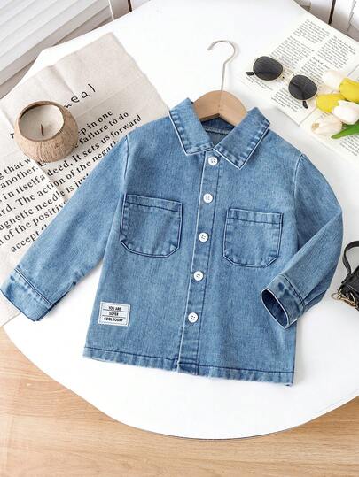 SHEIN Genkimix Kids 1pc Young Boy Patchwork Denim Shirt With Pockets, Toddler Denim Jacket