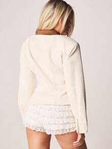 MISSGUIDED Structured Denim Jacket With Brown Suede Collar Long Sleeve Zip Front Cinched Waist Cream Twill Fall Winter - Apricot - View 3