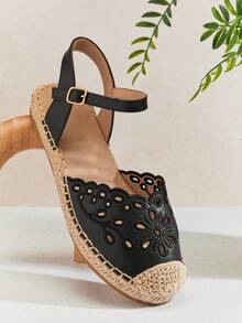 Solezae Women's Elegant Floral Cut-Out Round Toe Mary Jane Flat Espadrilles - Black - View 3