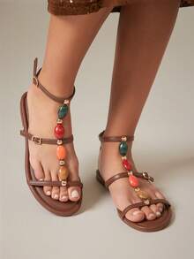 SHUZIA Sandal đế bằng nữ thoải mái, dễ thương, thích hợp cho mùa hè, đi nghỉ mát, đi chơi, với họa tiết đá nhiều màu sắc. - Cà phê nâu - Xem 5