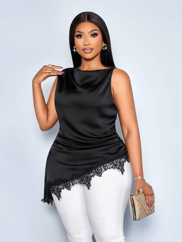 SOLERSUN Women's Minimalist Elegant Mock Neck Black Lace Trim Patchwork Asymmetrical Hem Sleeveless Stylish Satin Blouse