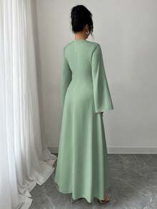 Yasmyna Women's Woven Solid Color Patchwork Collar Long Sleeve Tie Waist Arabic Dress - Green - View 2