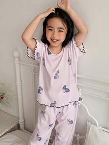 DAZY Young Girl Animal Print Short Sleeve Top And Wide Leg Pants Casual Loungewear Set - Baby Pink - View 5
